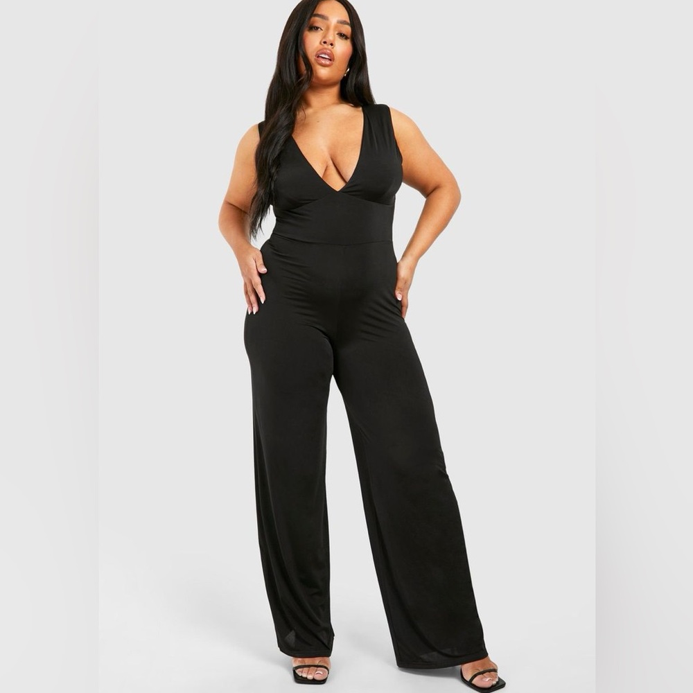 Boohoo Black Plunge Wide Leg Jumpsuit